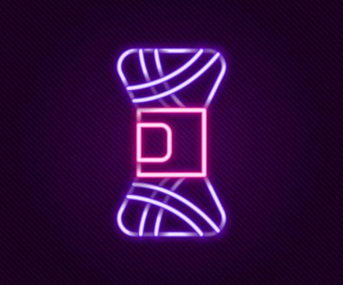 Parlayan neon çizgisi iplik simgesi siyah arkaplanda izole edildi. El yapımı, örgü ya da terzi için etiket. Renkli taslak konsepti. Vektör