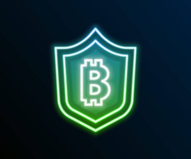 Siyah zemin üzerinde bitcoin simgesi olan parlayan neon hattı kalkanı. Kripto para madenciliği, engelleme teknolojisi, güvenlik, koruma, dijital para. Renkli taslak konsepti. Vektör