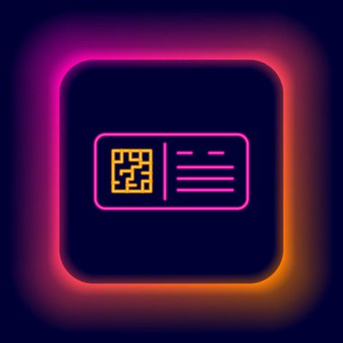 Parlayan neon hattı QR kod bilet tren ikonu siyah arkaplanda izole edildi. Renkli taslak konsepti. Vektör