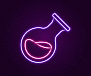 Parlayan neon hattı test tüpü ve kimyasal test ikonu siyah arkaplanda izole edildi. Laboratuvar cam levhası. Renkli taslak konsepti. Vektör