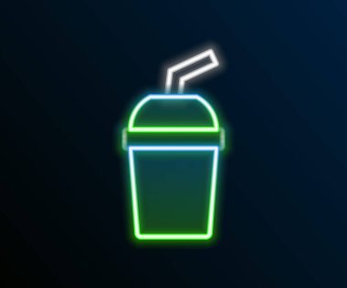 Siyah zemin üzerinde saman ve su ikonu olan parlak neon şeritli kağıt bardak. Soda bardağı. Taze soğuk içecek sembolü. Renkli taslak konsepti. Vektör