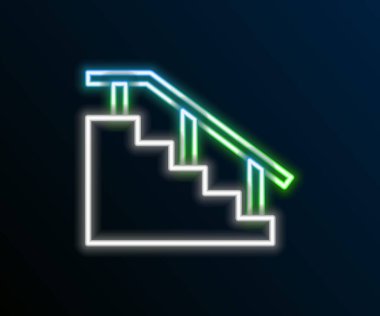 Siyah arka planda demiryolu ikonu olan parlak neon çizgili kaykay merdivenleri. Renkli taslak konsepti. Vektör