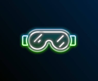 Parlayan neon hattı güvenlik gözlüğü gözlüğü simgesi siyah arkaplanda izole edildi. Renkli taslak konsepti. Vektör