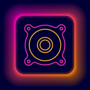 Parlayan neon hattı Stereo hoparlör simgesi siyah arkaplanda izole edildi. Ses sistemi hoparlörleri. Müzik ikonu. Müzikal sütun hoparlörü. Renkli taslak konsepti. Vektör