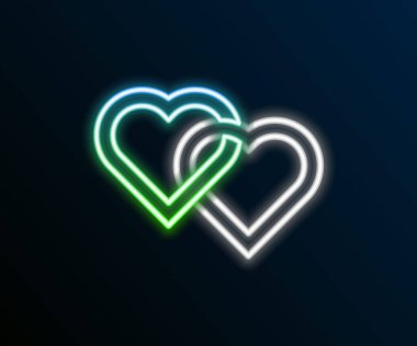Parlayan neon hattı İki Bağlı Kalpler simgesi siyah arkaplanda izole edildi. Romantik sembol, bağlanma, tutku ve düğün. Sevgililer Günü. Renkli taslak konsepti. Vektör