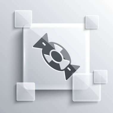 Gri arkaplanda Gri Şeker simgesi izole edildi. Mutlu Cadılar Bayramı Partisi. Kare cam paneller. Vektör.