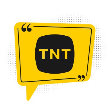 Beyaz arka planda siyah dinamit çubuğu ikonu izole edildi. Saatli bomba - patlama tehlikesi kavramı. Sarı konuşma balonu sembolü. Vektör