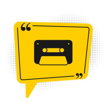 Black Retro audio cassette tape icon isolated on white background. Yellow speech bubble symbol. Vector