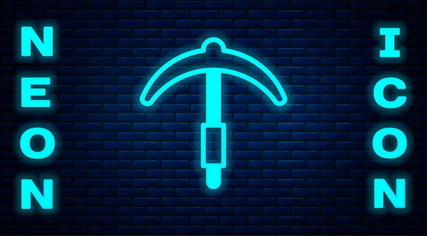 Glowing Neon Pickaxe Icon Isolated Brick Wall Background Vector — Stock Vector