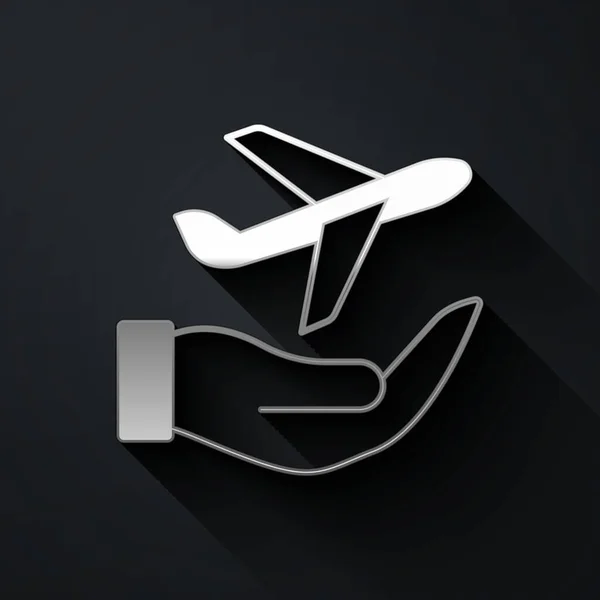 Stříbrná Rovina Ruce Ikona Izolované Černém Pozadí Létající Letadlo Letecká — Stockový vektor