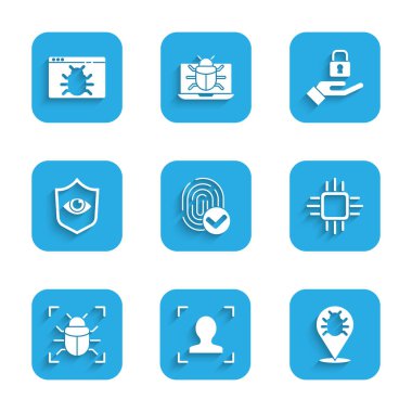 Parmak izi, yüz tanıma, sistem hatası, mikro devreli işlemci, CPU, kalkan ve göz, Lock el ve simgesi. Vektör