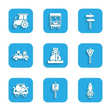 Kargo gemisi, park yeri, roket, trafik levhası, teslimat kamyonu ve traktör ikonu ayarlayın. Vektör
