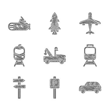 Çekici, otopark, Hatchback arabası, tren ve demiryolu, trafik levhası, uçak ve denizaltı ikonu. Vektör