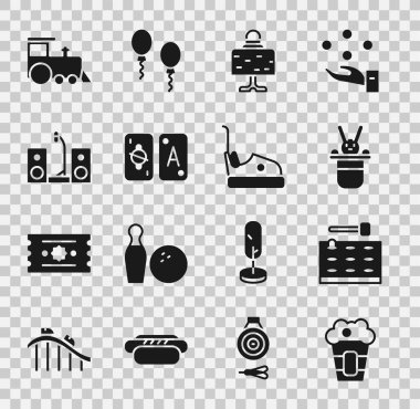 Kutuda patlamış mısır, oyun makinesi, sihirli şapka ve tavşan, masada top, Tarot kartları, iki hoparlörlü ev teybi, oyuncak tren ve Bumper ikonu. Vektör