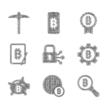 Kilidi bitcoin, Globe Bitcoin, büyüteç, Cryptocurrency, Piggy bank, tabletten madencilik ve kazma ikonu ile ayarla. Vektör