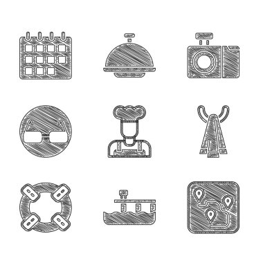 Cook, sahil iskelesi, rota konumu, havlu askısı, Lifebuoy, Gözlük, fotoğraf makinesi ve takvim ikonu. Vektör