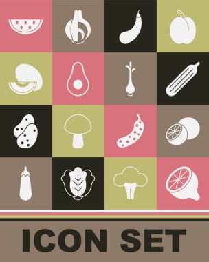 Limon, portakal suyu, salatalık, patlıcan, avokado, kavun, karpuz ve yeşil soğan ikonu. Vektör