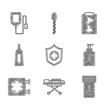 Hayat sigortasını, Sedye, İlaç şişesi haplarını, El dezenfektanını, Acil Servis 'in tıbbi sembolünü, merhem krem tüpünü, röntgen çekimini ve serum torbasını hazırlayın. Vektör