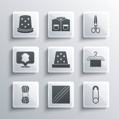 Tekstil kumaş rulo, güvenlik iğnesi, elbise askısı dikiş için yüksük, iplik, deri ve makas simgesi. Vektör