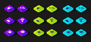 Molekül, DNA sembolü, laboratuvar cam süsü ya da beher, büyüteç altında mikroorganizmalar, biyosağlıklı yiyecekler ve ikonun içinde yaprak olan insan kafası. Vektör