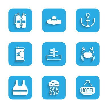 Yol trafik levhası, denizanası, yazılı otel, yengeç, can yeleği, soda kutusu, Anchor ve Aqualung ikonu. Vektör