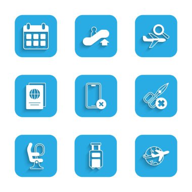 Cep telefonu yok, bavul yok, uçan uçak, makas, uçak koltuğu, pasaport, arama ve takvim ve uçak ikonu olan küre. Vektör