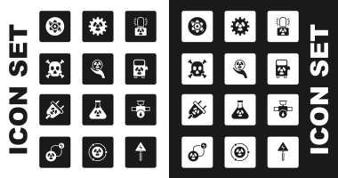 Radyoaktif uyarı lambası, Kemikler ve Kafatası, Atom, Elektrikli araba şarj istasyonu, Endüstri boru vanası ve Radyasyon elektrik prizi ikonu ayarlayın. Vektör