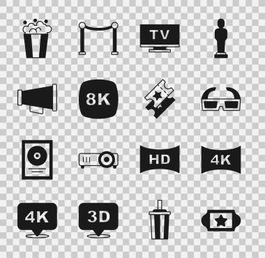 Sinema bileti, 4k, 3D sinema gözlüklü Screen TV, Smart Tv, 8k Ultra HD, Megaphone, Popcorn karton kutu ve ikon. Vektör