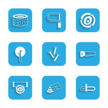 Metalik çiviler, tahta kiriş, elektrikli testere, El, İki elli kütük, Ağaç, kütükler ve kütük simgesi. Vektör