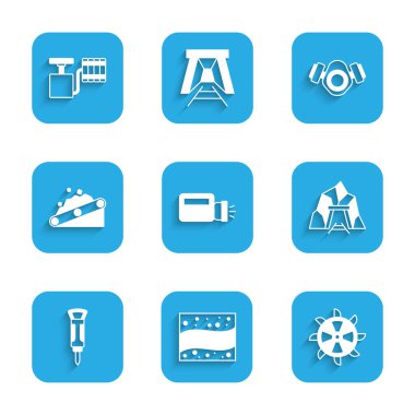 El feneri, altın madeni, kova tekerleği kazıcısı, maden girişi, inşaat matkabı, kömür taşıyan taşıyıcı bant, gaz maskesi ve fünye ikonu. Vektör