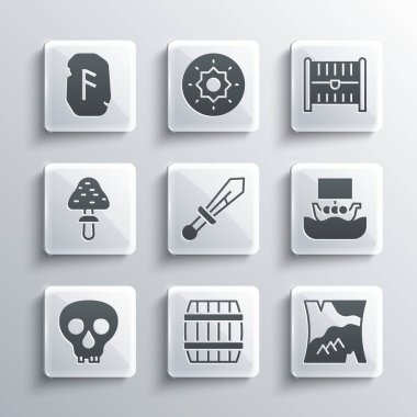 Tahta fıçı, katlanmış harita, Viking gemisi Drakkar, Ortaçağ kılıcı, Kafatası, Mantar, Sihirli Mühür ve Antika hazine sandığı ikonu. Vektör