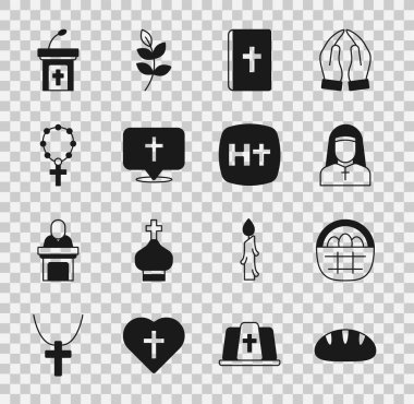 Hıristiyan ekmeği, Paskalya yumurtalı sepet, rahibe, kutsal kitap, konum kilisesi binası, tespih dini, kilise vaazı ve haç ikonu. Vektör
