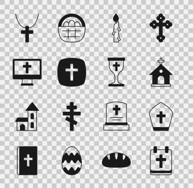 Paskalya, Papa şapkası, kilise binası, yanan mum, Hıristiyan haçı ile takvimi monitörde, zincirde ve kadehte ayarla. Vektör