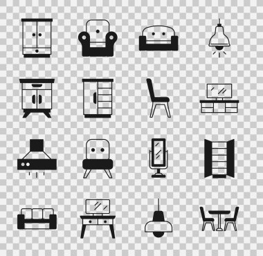 Sandalye, gardırop, televizyon masası sehpası, Kol sandalyesi, mobilya sehpası ve sandalye ikonu. Vektör