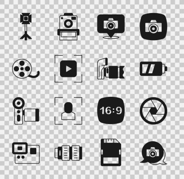 Fotoğraf makinesini, kamera deklanşörünü, bataryayı odaklı çerçeve hattı, film makarası, Stüdyo ampulü softbox ve simgesini ayarla. Vektör