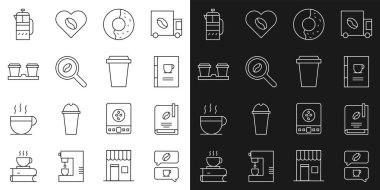 Sabit hat kahve ve sohbet, kitap, tatlı jöleli çörek, kahve çekirdekleri, paket kahve fincanı, French press ve ikon. Vektör