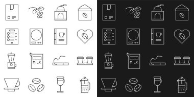 Fransız matbaası, paket kahve fincanı, Aşıklar, manuel kahve öğütücü, elektronik terazi, menü, poşet fasulye ve kitap ikonu. Vektör