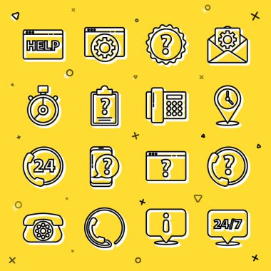Satır saatini 24 saat, telefon desteğini, saati, soru işaretini, soru işaretini, pano soru işaretlerini, Stopwatch 'ı, Tarayıcı yardım ve simgesini ayarla. Vektör