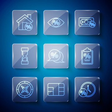 Hat güvenli, çip, saat ve yüzde yazılı kredi kartı, Para, İndirim etiketi, Eski Kum Saati, Ev perakende indirimi ve Mali Belge simgesi. Vektör