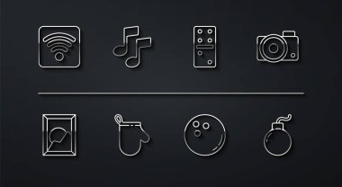 Wi-Fi kablosuz internet ağı, resim manzarası, fotoğraf makinesi, bowling topu, fırın eldiveni, müzik notası, ton, bomba patlamaya hazır bomba ve Domino simgesi. Vektör