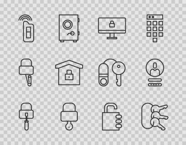 Kilit açmak için satır maymuncukları, bir sürü anahtar, bilgisayar monitöründe ve uzaktan kumandalı araba, koruma altında ev, güvenli kombinasyon ve hesap ekran simgesi oluştur. Vektör