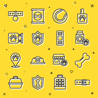 İsim etiketli tasma, köpek kemiği, yiyecek çantası, tenis topu, hayvan sağlığı sigortası veteriner kliniği ve bandaj simgesi. Vektör