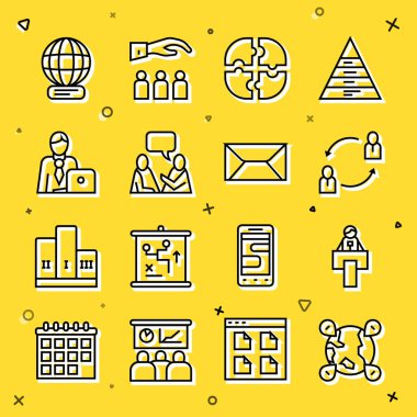 Dünya, Sahne Standı ya da Tribün, İnsan Kaynakları, Yapboz Parçası, Konuşan İki Oturan Adam, İş Adamı, Dünya Çapında ve Zarf simgesi. Vektör