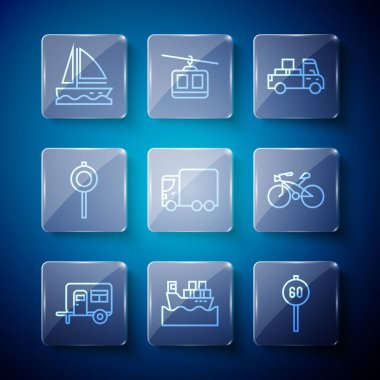 Rv Kamp karavanı, kutulu kargo gemisi, hız limiti trafiği, teslimat kamyonu, kargo, yol levhası, yat yelkenlisi ve bisiklet ikonu. Vektör