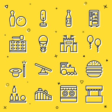 Bilet gişesi, Burger, Balonlar, Şişe Suyu, Sıcak Hava Balonu, Arcade oyun makinesi, Bowling lobut ve Castle ikonu. Vektör