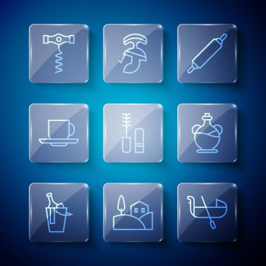 Şarabı kovaya koyun, köy manzarası, gondol, raptiye, Mascara fırçası, kahve fincanı, şarap tirbuşonu ve zeytinyağı ikonu. Vektör