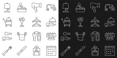 Hat otel rezervasyon takvimi, yazılı tabela, kapaklı tepsi, saç kurutma makinesi, martini bardağı, masa lambası ve elbise askısı ikonu. Vektör