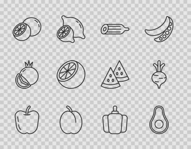 Set hattı Apple, Avocado meyvesi, taze salatalık, erik, portakal, dolmalık biber ve pancar ikonu. Vektör