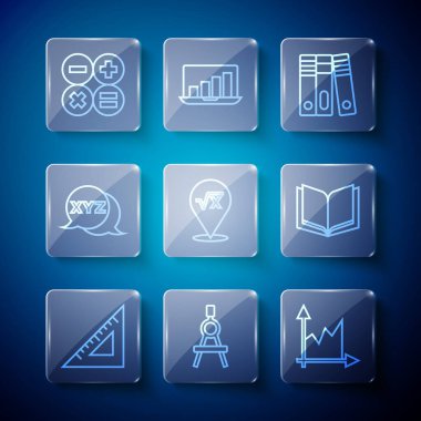 Satır üçgen cetvel, çizim pusulası, grafiği, çizelgesi, diyagramı, ofis dizinleri, x sembolünün kare kökü, XYZ koordinat sistemi, hesap makinesi ve açık kitap simgesini ayarla. Vektör