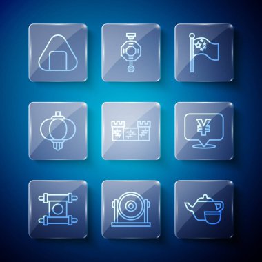 Hüküm, kağıt, parşömen, parşömen, parşömen, parşömen, gong, Çin çay töreni, Çin bayrak direği, fener, suşi ve Yuan para birimi ikonundan oluşan büyük duvar. Vektör